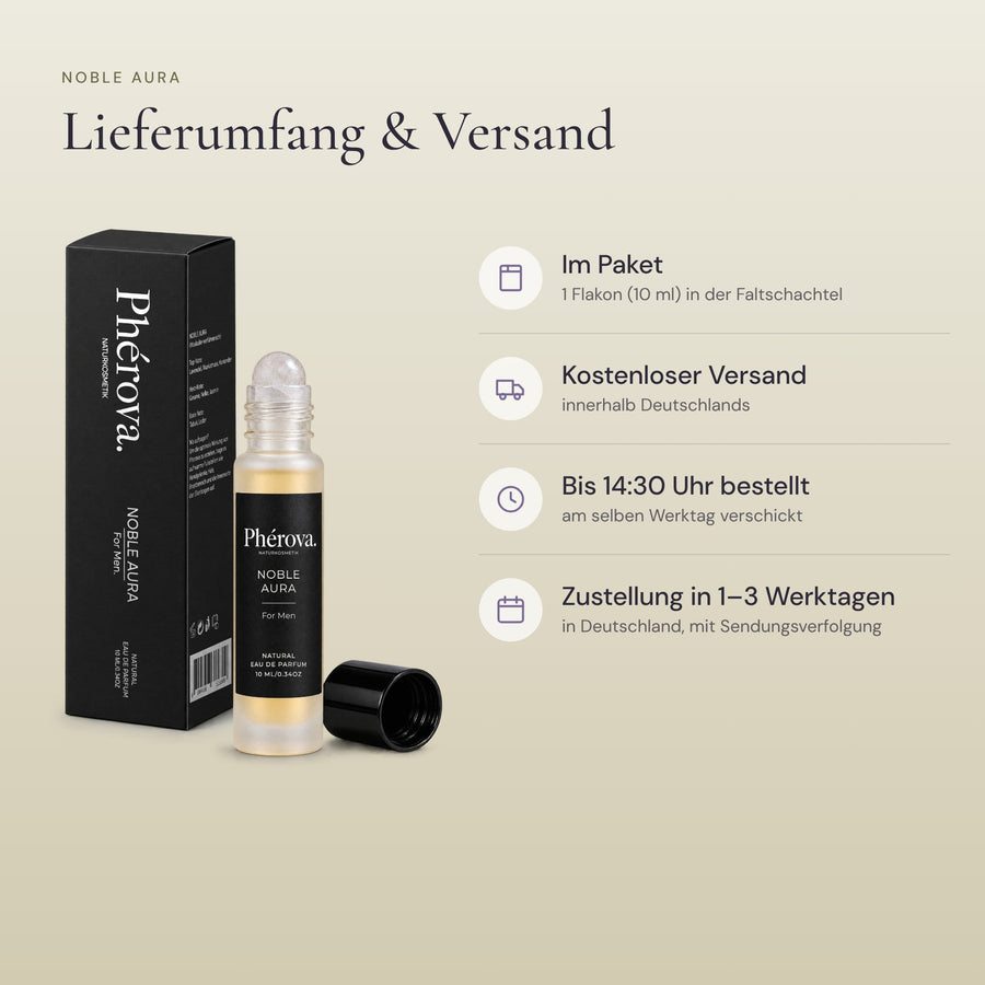 Noble Aura – Lieferumfang – 10-ml-Flakon und Faltschachtel, Versandinfos