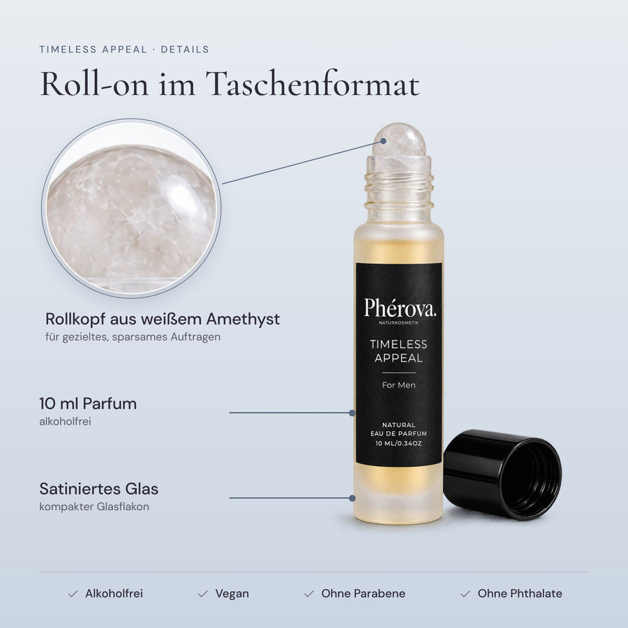 Timeless Appeal – Details – Rollkopf aus weißem Amethyst, 10 ml, satiniertes Glas