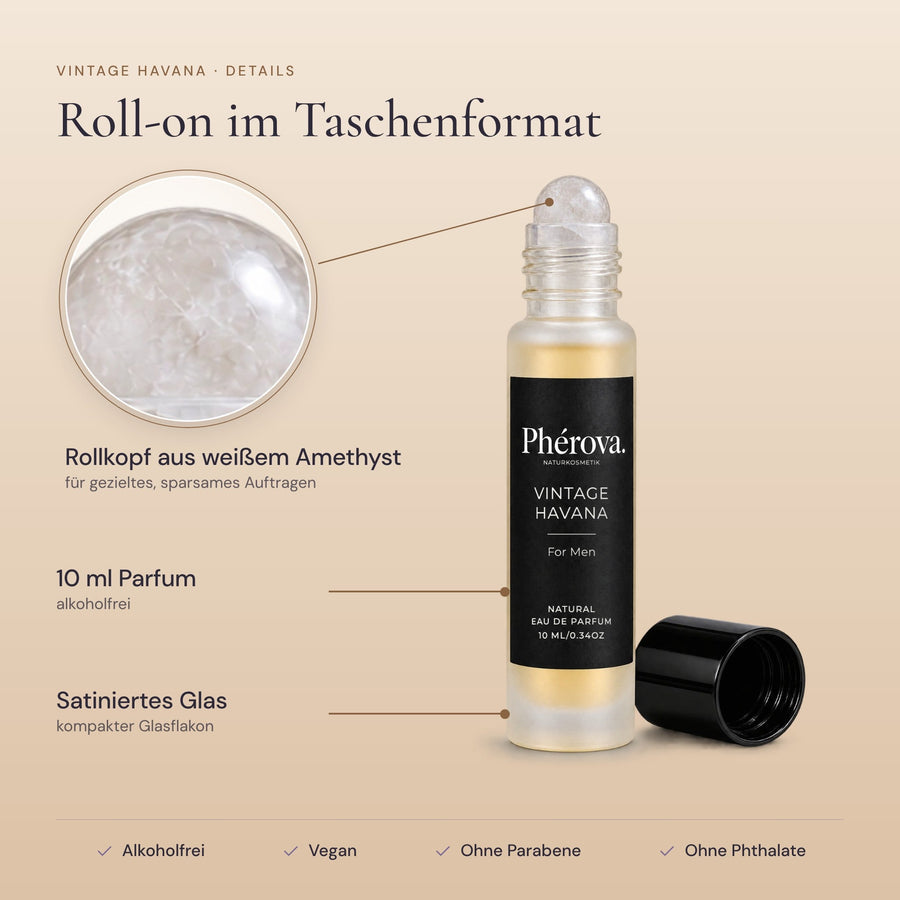 Vintage Havana – Details – Rollkopf aus weißem Amethyst, 10 ml, satiniertes Glas
