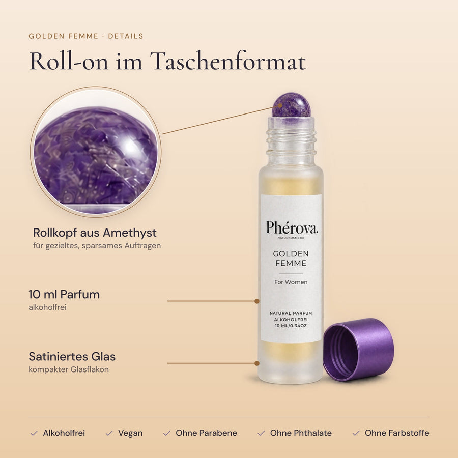 Golden Femme – Details – Rollkopf aus lila Amethyst, 10 ml, satiniertes Glas