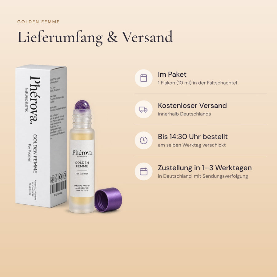 Golden Femme – Lieferumfang – 10-ml-Flakon und Faltschachtel, Versandinfos