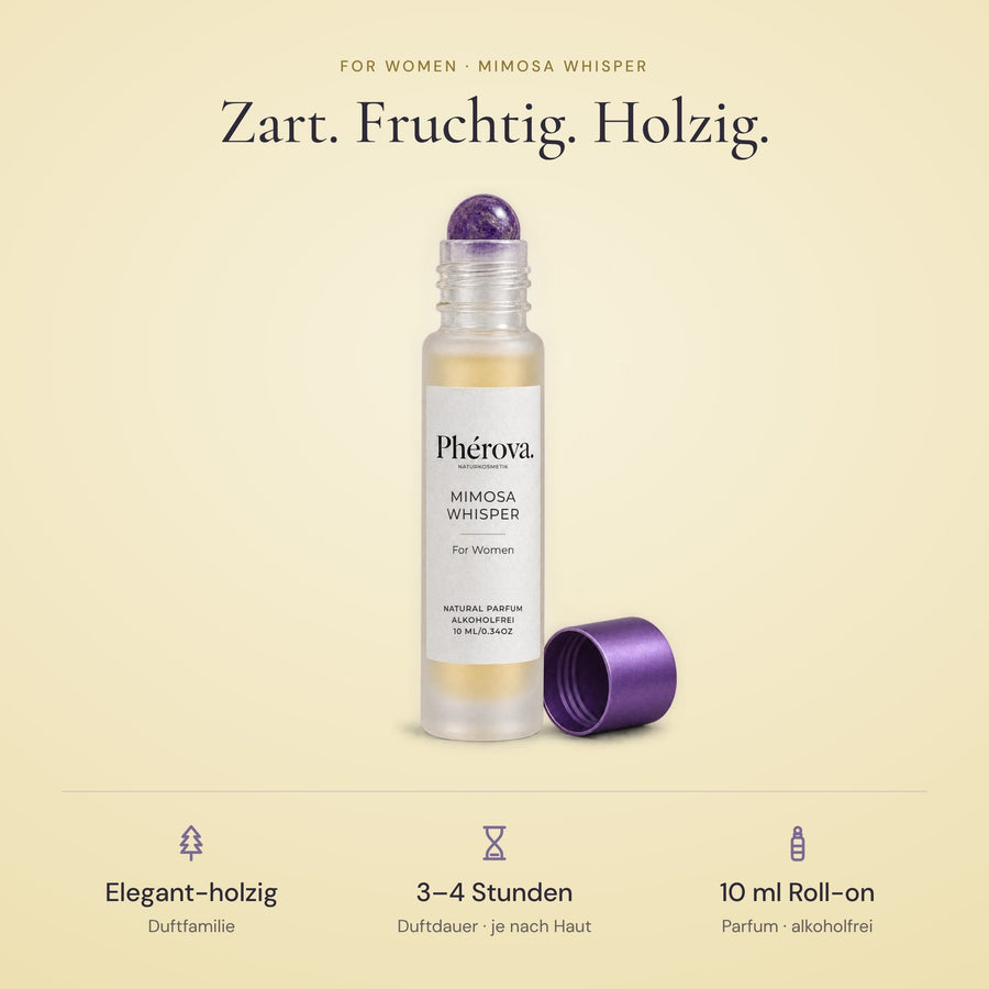 Mimosa Whisper – Hero – Phérova for Women Roll-on mit lila Amethyst-Rollkopf