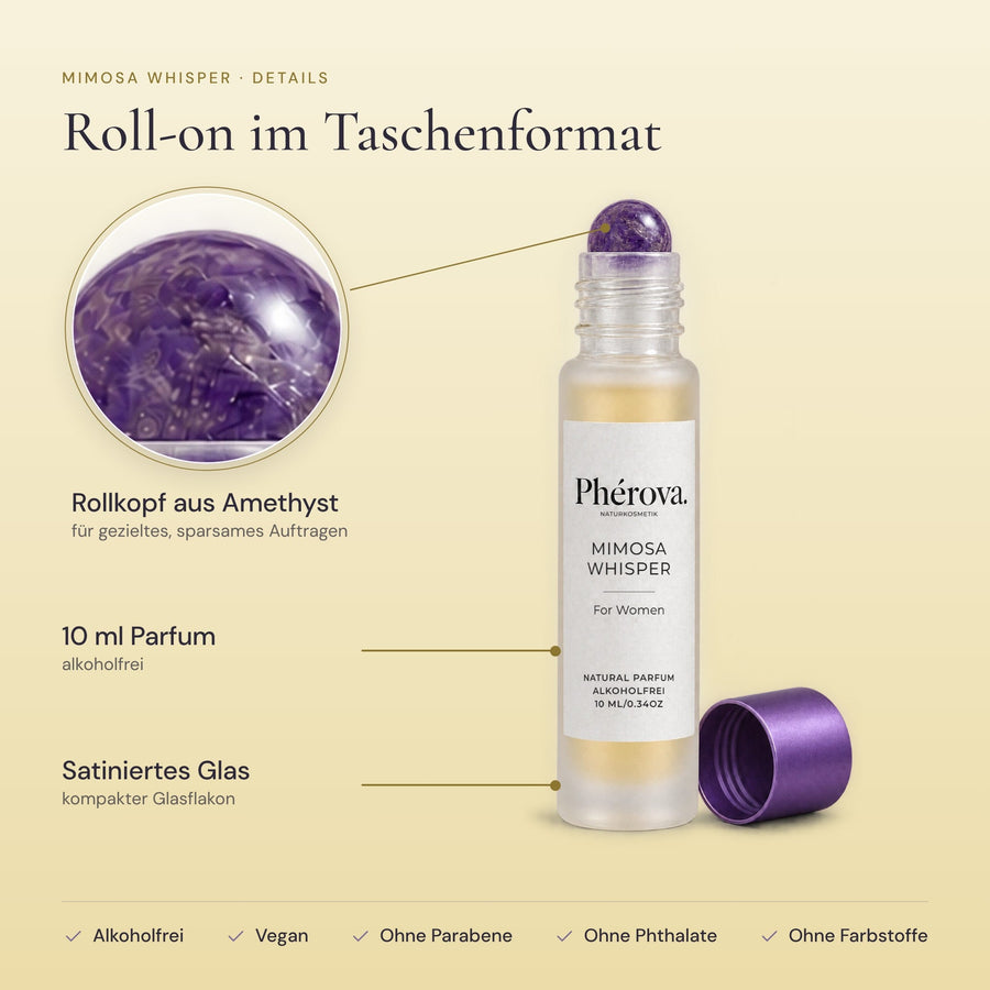 Mimosa Whisper – Details – Rollkopf aus lila Amethyst, 10 ml, satiniertes Glas
