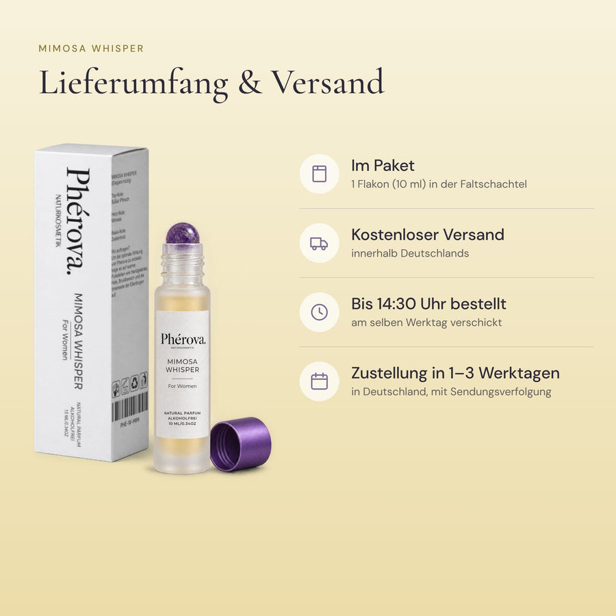 Mimosa Whisper – Lieferumfang – 10-ml-Flakon und Faltschachtel, Versandinfos