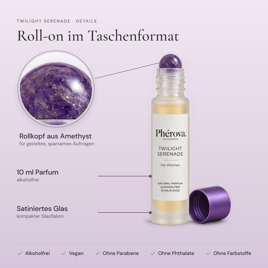 Twilight Serenade – Details – Rollkopf aus lila Amethyst, 10 ml, satiniertes Glas