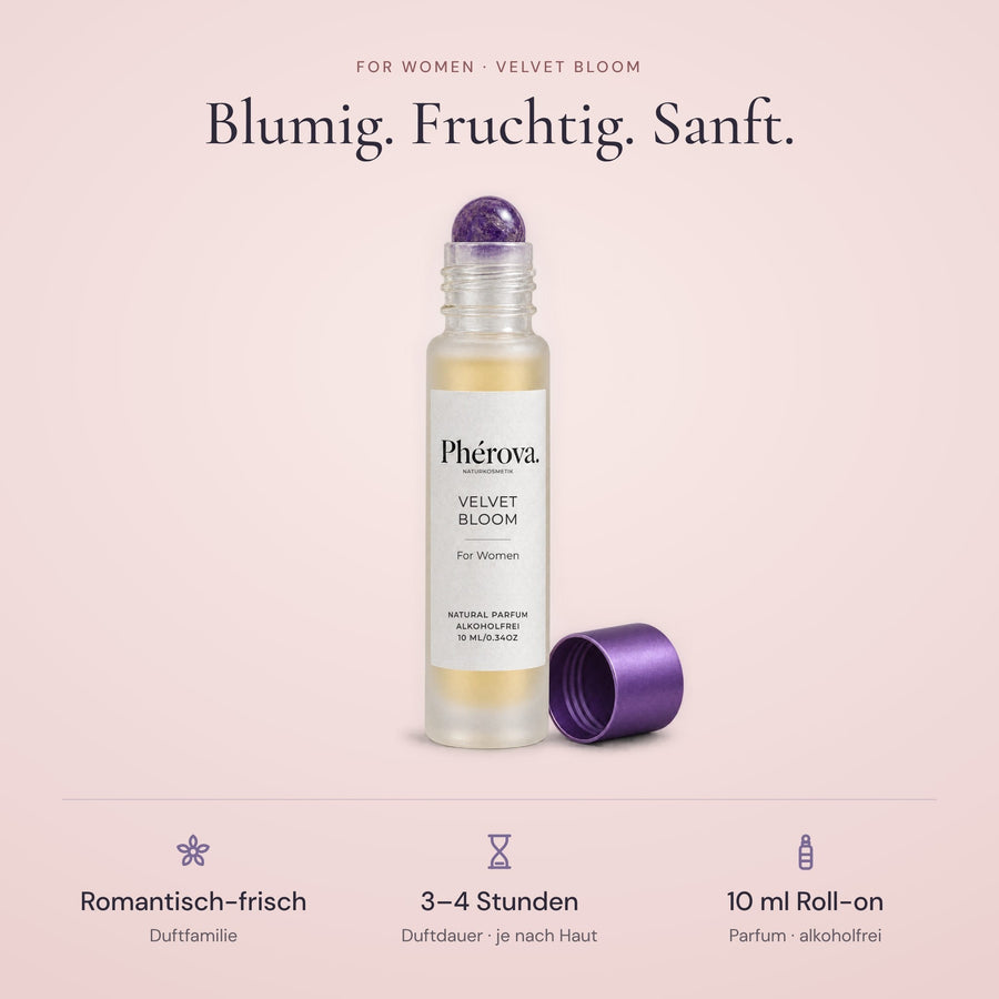Velvet Bloom – Hero – Phérova for Women Roll-on mit lila Amethyst-Rollkopf