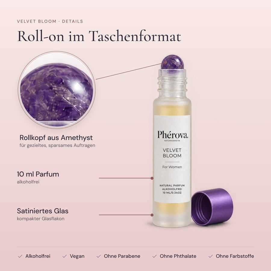 Velvet Bloom – Details – Rollkopf aus lila Amethyst, 10 ml, satiniertes Glas