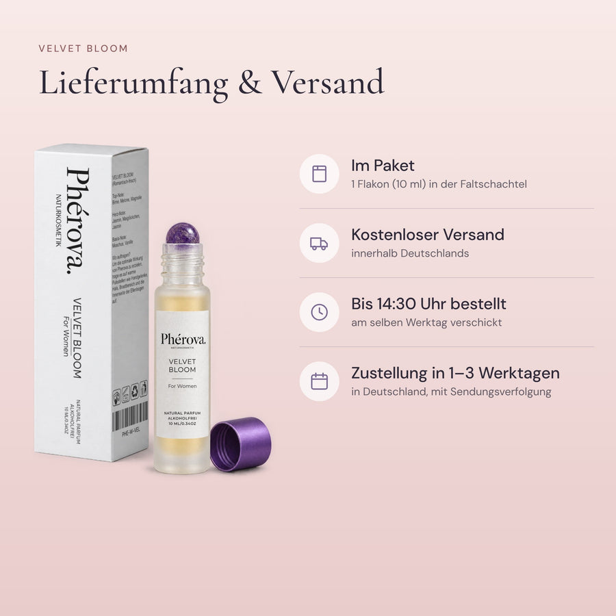 Velvet Bloom – Lieferumfang – 10-ml-Flakon und Faltschachtel, Versandinfos
